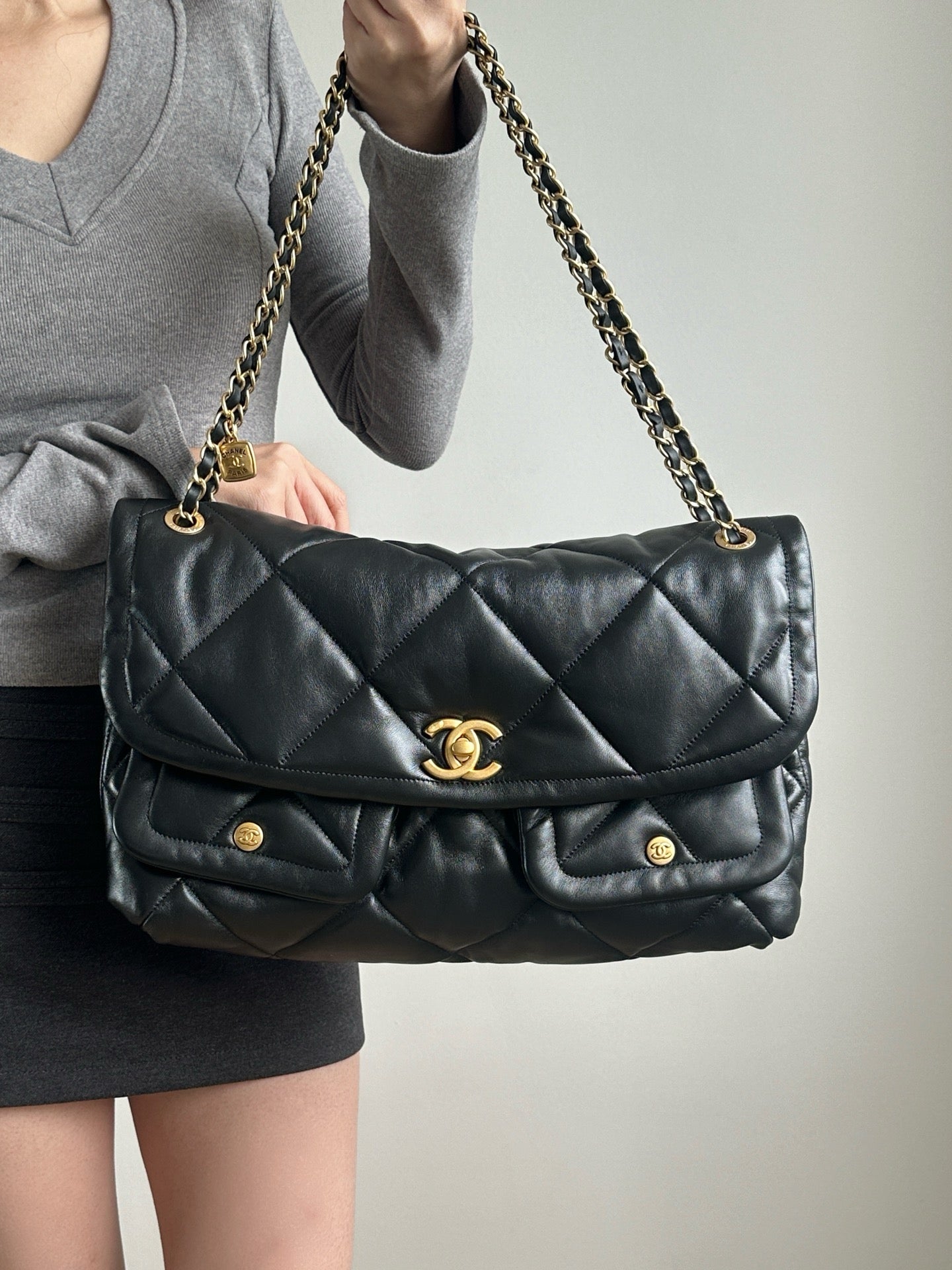 Chanel 19 Large Flap Bag – Black Lambskin with Mixed-Metal Chain