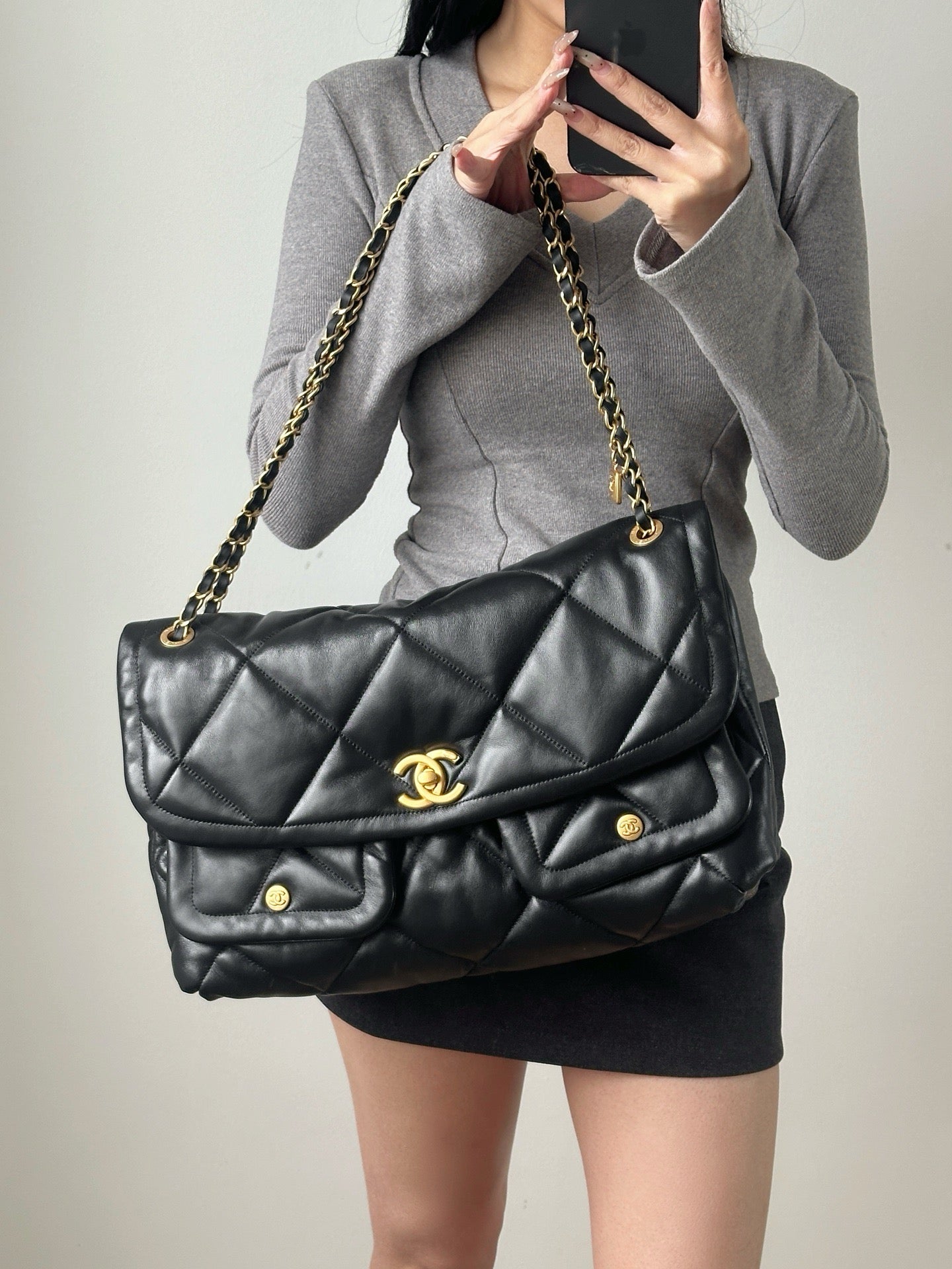 Chanel 19 Large Flap Bag – Black Lambskin with Mixed-Metal Chain